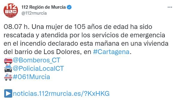 Tuit del 112 Región de Murcia en el que se daba a conocer este suceso en Los Dolores (Cartagena) | FOTO: TWITTER