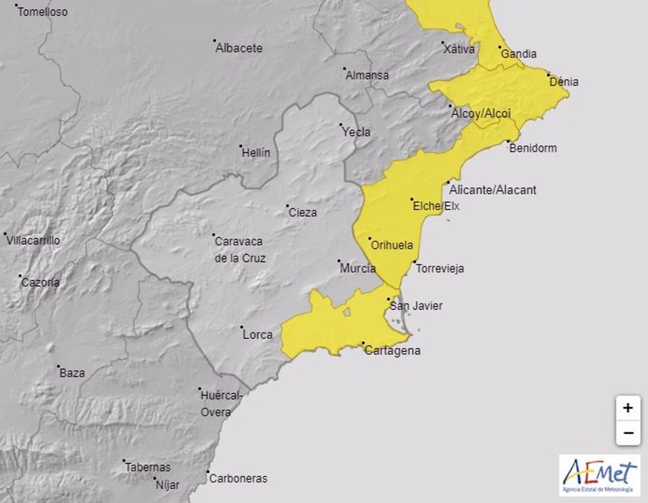 Imagen del mapa del aviso activo en la Región de Murcia. FOTO: AEMET