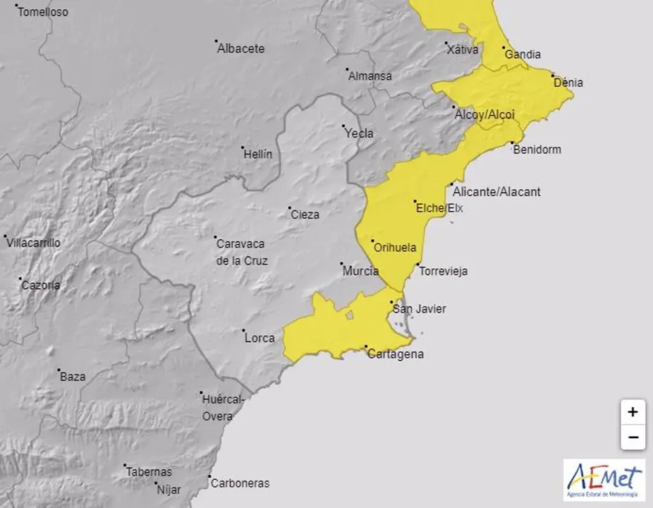 Imagen del mapa del aviso activo en la Regi&oacute;n de Murcia. FOTO: AEMET