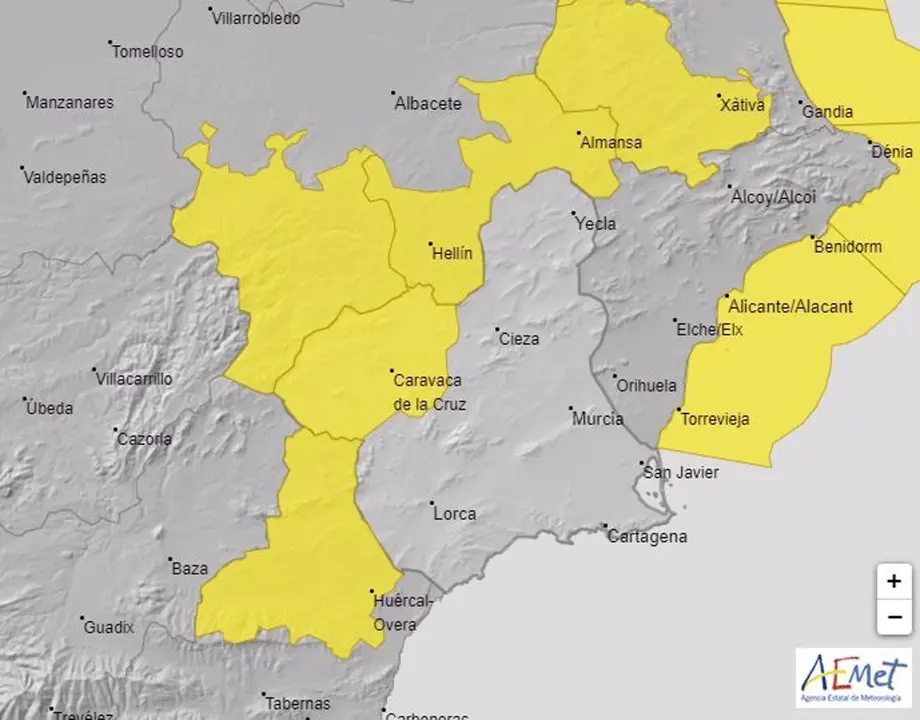 Mapa del aviso amarillo activo en la Regi&oacute;n de Murcia (foto: AEMET)