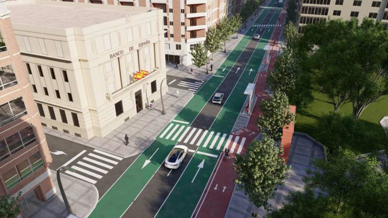 Estado de Gran Vía y Avenida de Constitución tras los cambios de movilidad. En verde, carriles bus; en rojo, carril bici