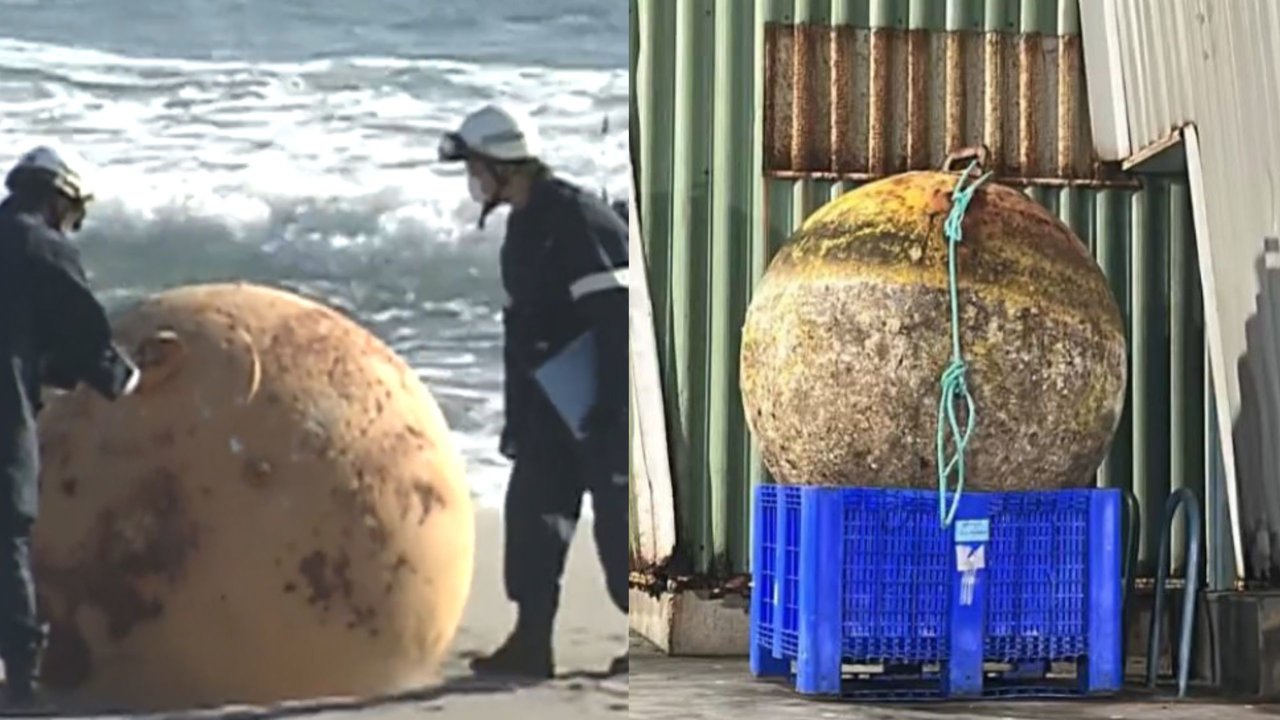 Imagen de la bola gigante que ha aparecido en Japón (Izq.) y la de Mazarrón (Drcha.) (foto: La 7)