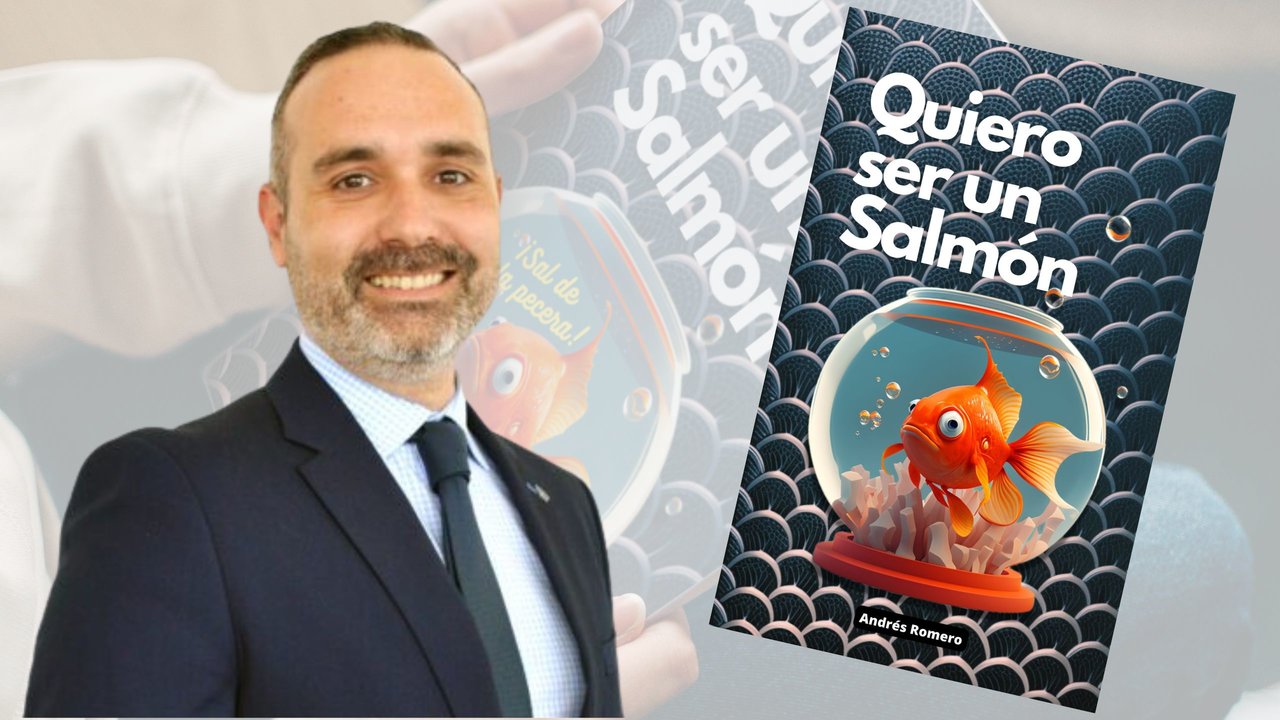 Fotomontaje con la imagen de Andrés Romero y la portada del libro 'Quiero ser un salmón'