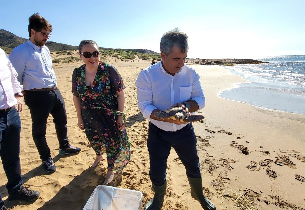 El consejero de Medio Ambiente, Mar Menor, Universidades e Investigación, Juan María Vázquez, durante la liberación de una tortuga boba tratada en el Centro de Recuperación de Fauna Silvestre El Valle (foto: CARM)