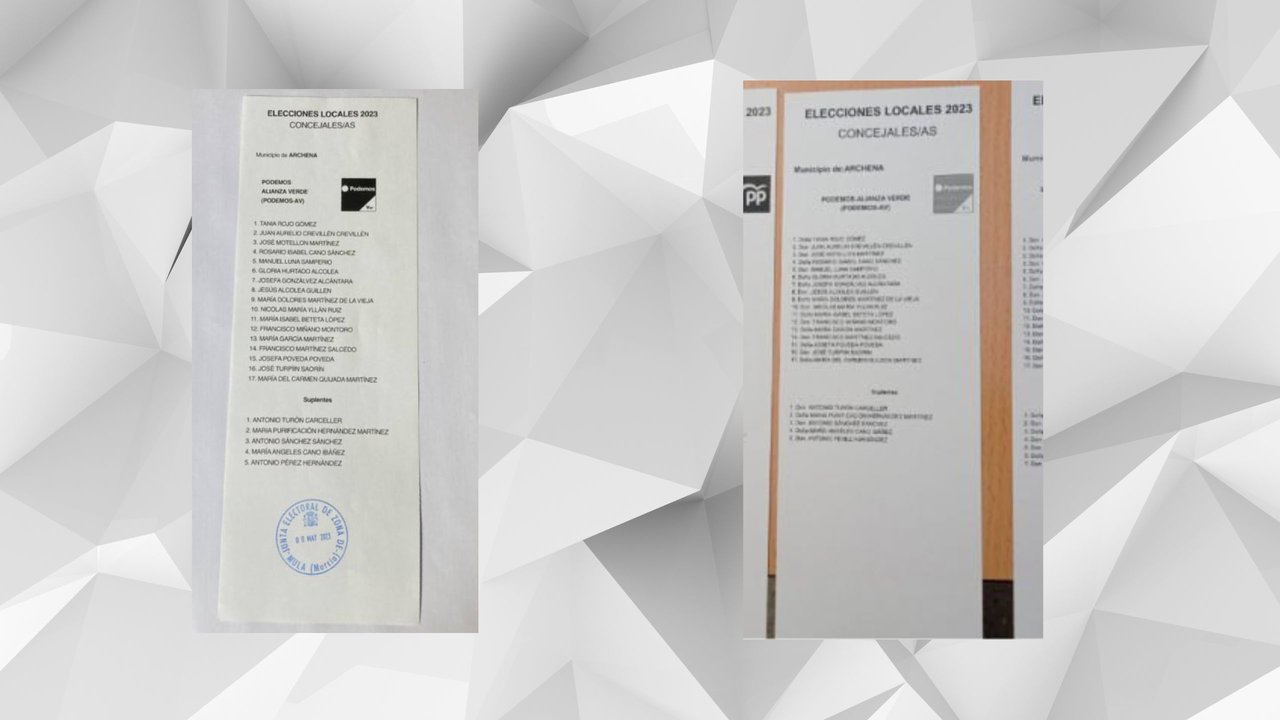 A la izquierda, papeleta presentada ante la Junta Electoral. A la derecha, papeletas en Archena