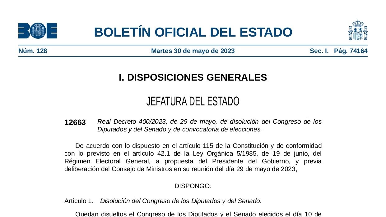Fragmento del documento que hace oficial la convocatoria de elecciones generales en España (foto: BOE)