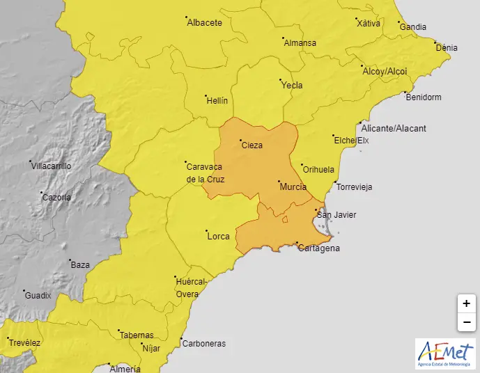 Aviso naranja en Vega del Segura, Campo de Cartagena y Mazarr&oacute;n (foto: Aemet)