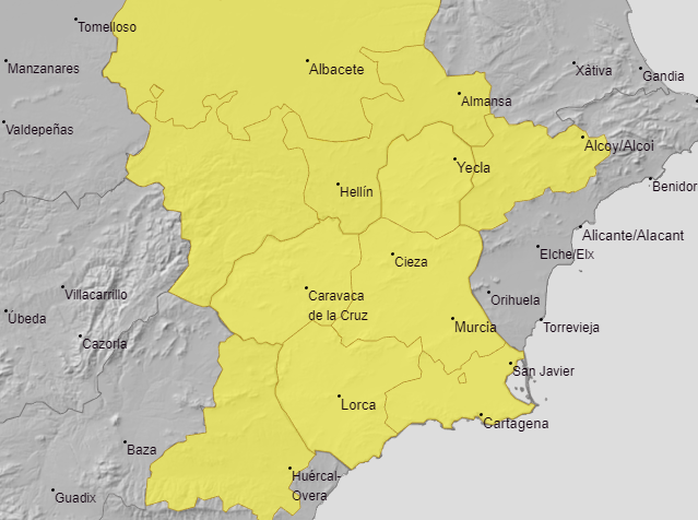 Aviso amarillo por fuertes lluvias para este miércoles en la Región de Murcia (foto: Aemet)