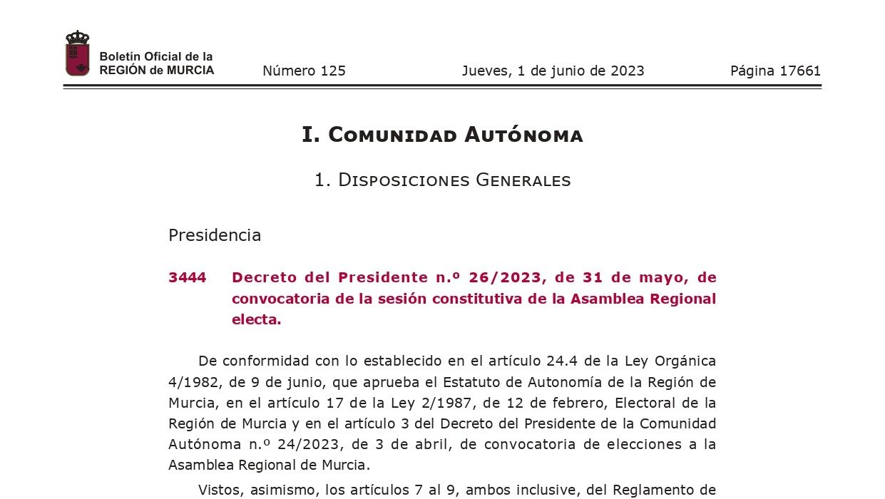 Fragmento del documento oficial del BORM que anuncia la convocatoria para constituir la Asamblea Regional (foto: BORM)