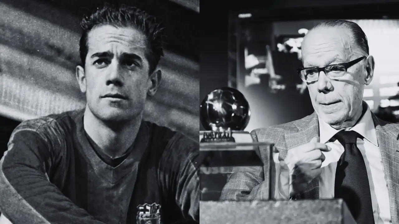 A la izquierda, Luis Su&aacute;rez en sus tiempos de jugador del Barcelona; a la derecha, Su&aacute;rez, ya retirado, y junto a su Bal&oacute;n de Oro