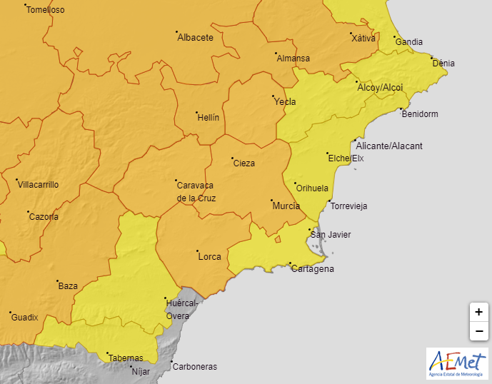 Mapa de avisos de AEMET en la Región de Murcia este martes 18 de julio