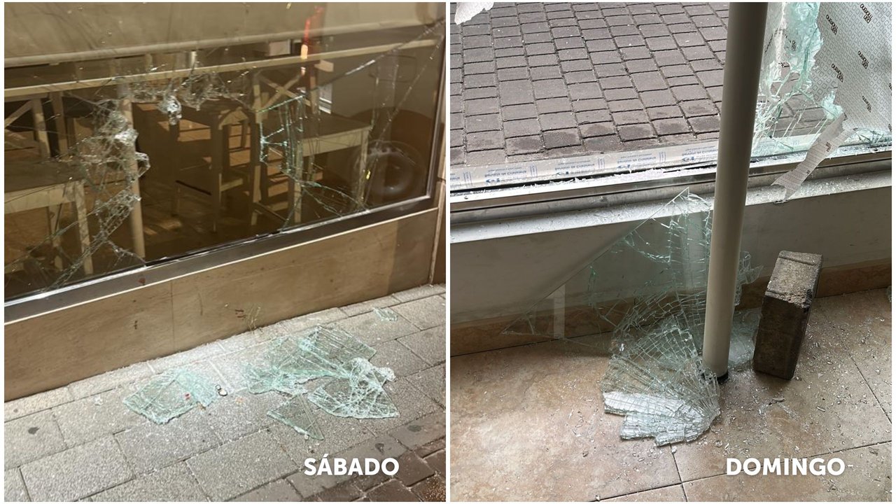 Imágenes de los destrozos en el escaparate de la panadería en las madrugadas del sábado (izq.) y domingo (der.)