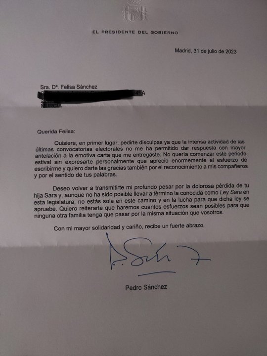 Carta de Pedro Sánchez a Felisa, la madre de la fallecida Sara Gómez (foto: La 7)
