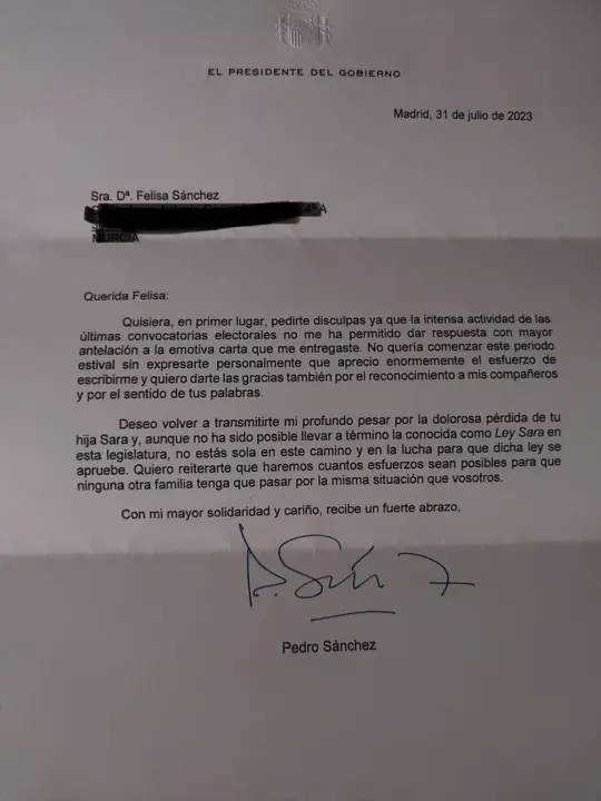 Carta de Pedro S&aacute;nchez a Felisa, la madre de la fallecida Sara G&oacute;mez (foto: La 7)