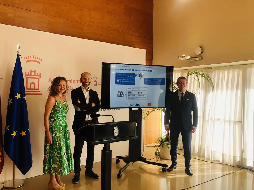 Felipe Salda&ntilde;a, presidente de los hoteleros; &Aacute;ngeles Ballesta, directora de Murcia Convention Bureauel; y el concejal de Turismo, Consumo y Comercio, Jes&uacute;s Pacheco (foto: Europa Press)