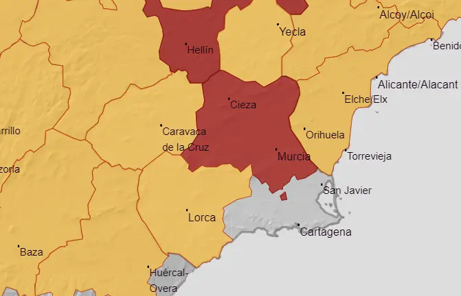 Aviso rojo en la Vega del Segura para este jueves 10 de agosto (foto: Aemet)