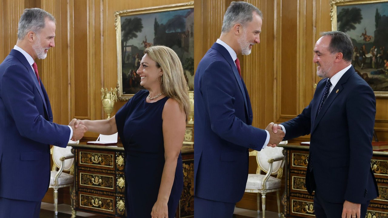 El Rey Felipe saluda a los representantes de Coalición Canaria (izq.) y UPN