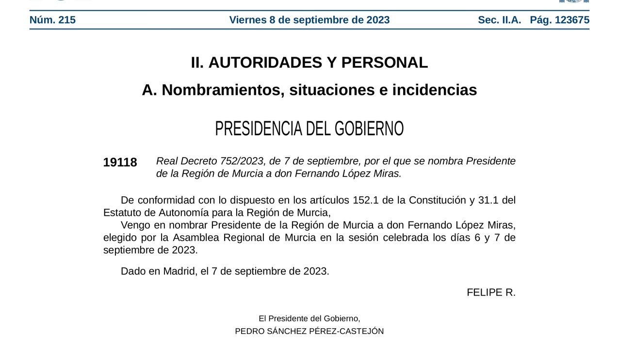Documento íntegro del BOE que publica el Real Decreto del nombramiento de López Miras como presidente de la Región (foto: BOE)
