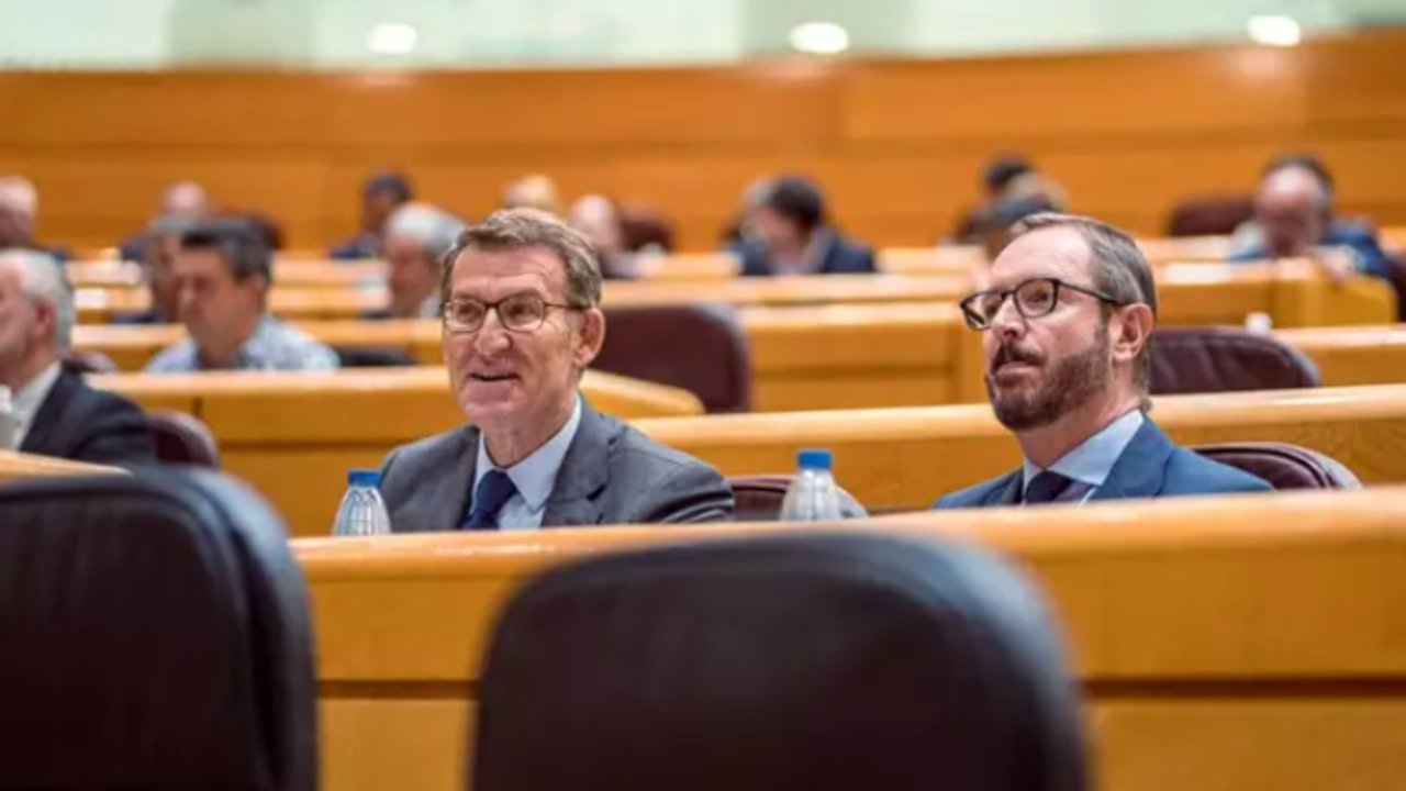 El presidente del PP, Alberto Núñez Feijóo (i) y el portavoz del Partido Popular en el Senado, Javier Maroto (d), durante una sesión plenaria en el Senado, el pasado 19 de abril de 2023