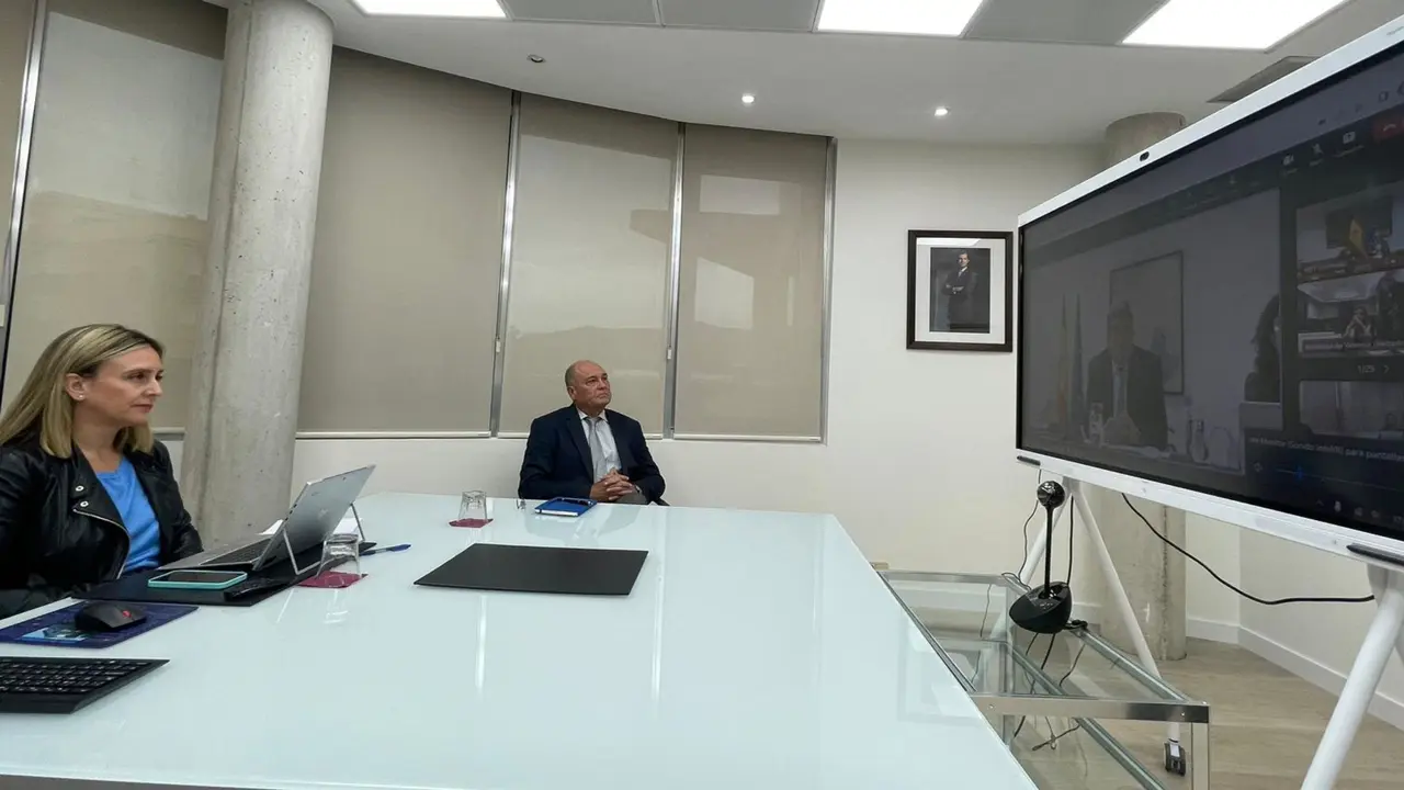 La consejera de Pol&iacute;tica Social, Familias e Igualdad, Conchita Ruiz, junto al secretario general de la Consejer&iacute;a, Leopoldo Olmo, durante la videoconferencia mantenida con el ministro Escriv&aacute;.
