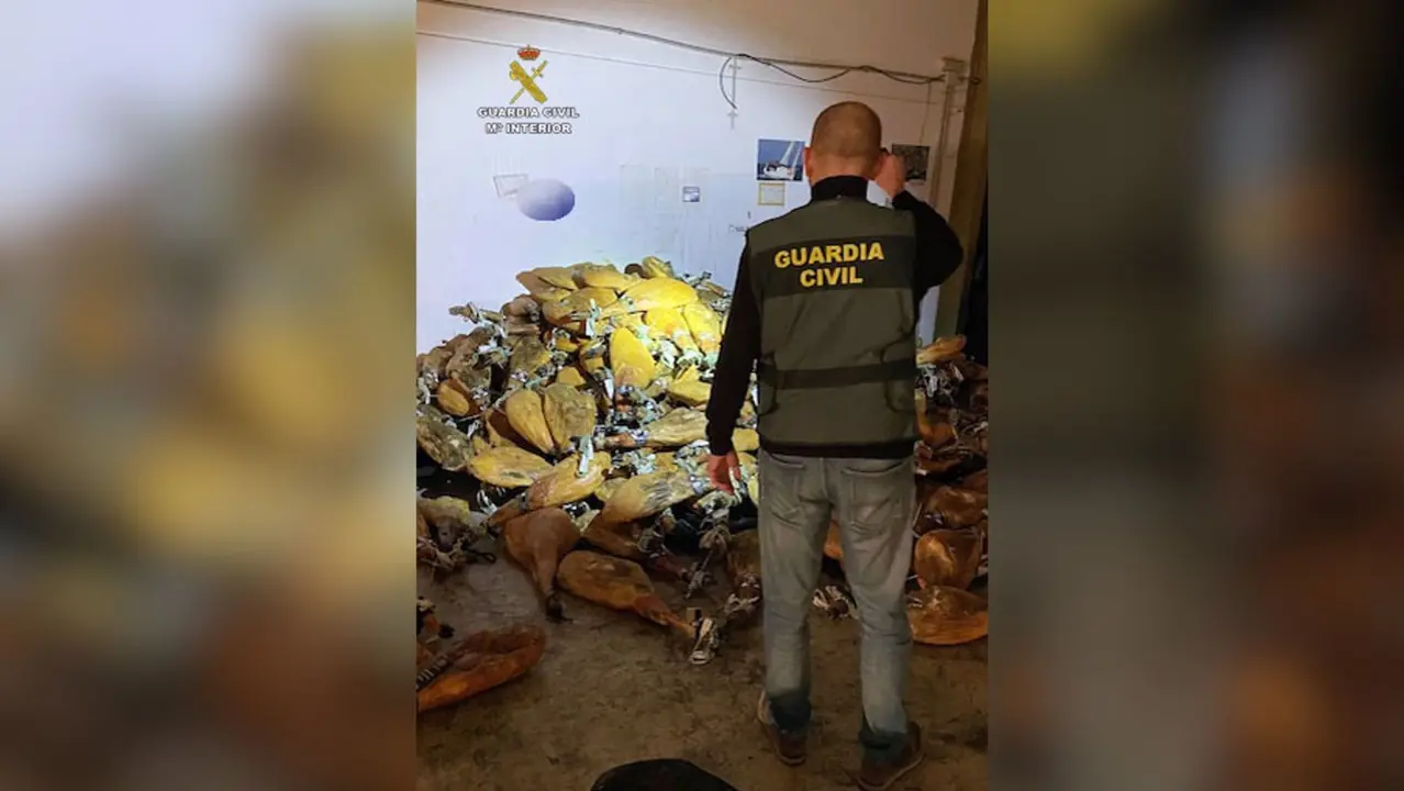 Un agente de la Guardia Civil junto a parte de los jamones robados de una empresa distribuidora de productos de alimentaci&oacute;n de Santomera (foto: Guardia Civil)