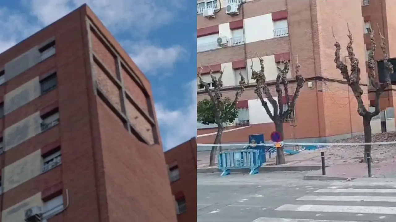 Cae parte de la fachada de un edificio de nueve plantas situado en el barrio murciano de La Fama (foto: Ver&oacute;nica Mollejo/La 7)