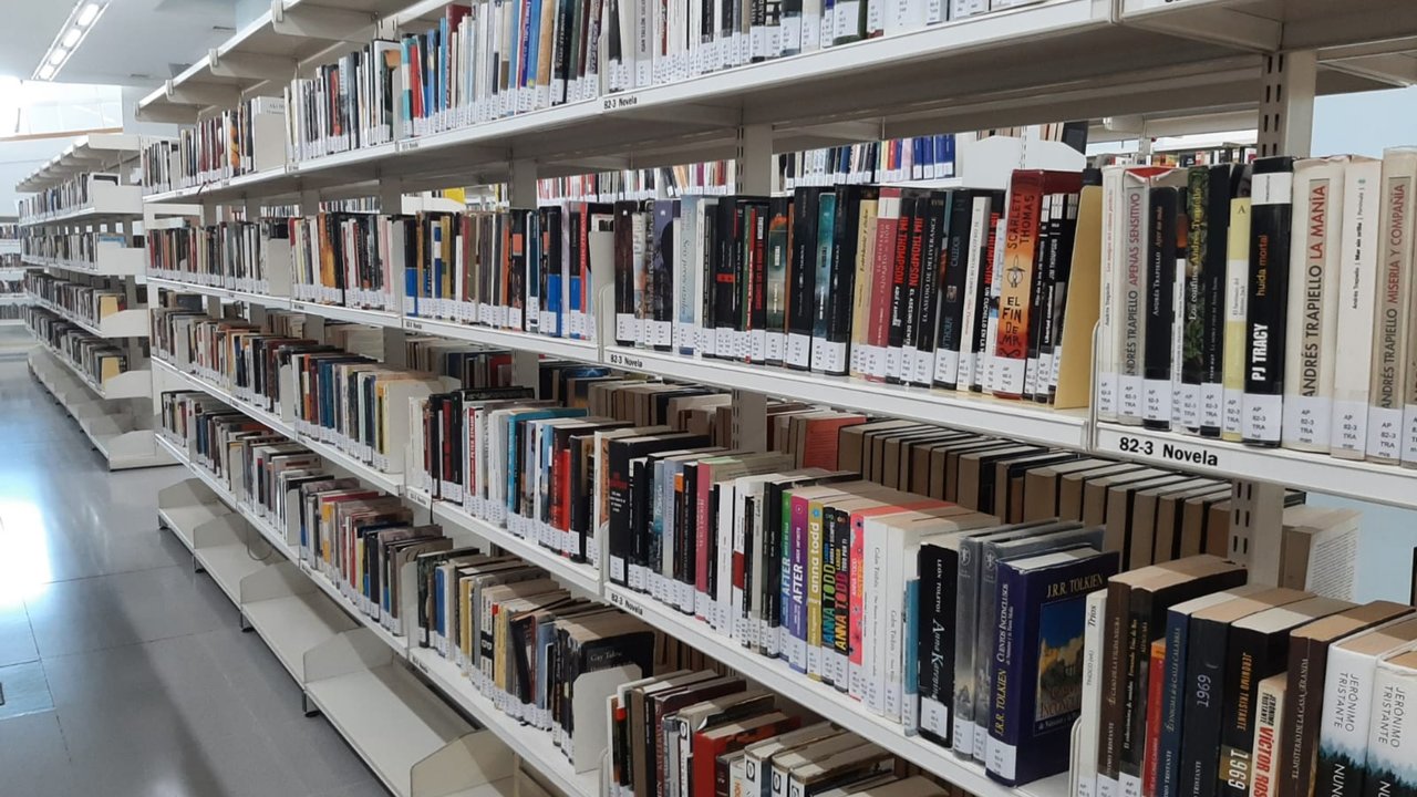 Una estantería de la Biblioteca Regional llena de libros.