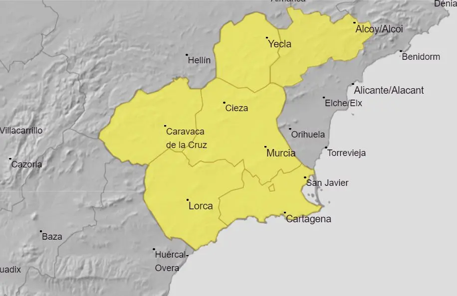 Aviso amarillo en toda la Regi&oacute;n de Murcia por intensas tormentas (foto: Aemet)