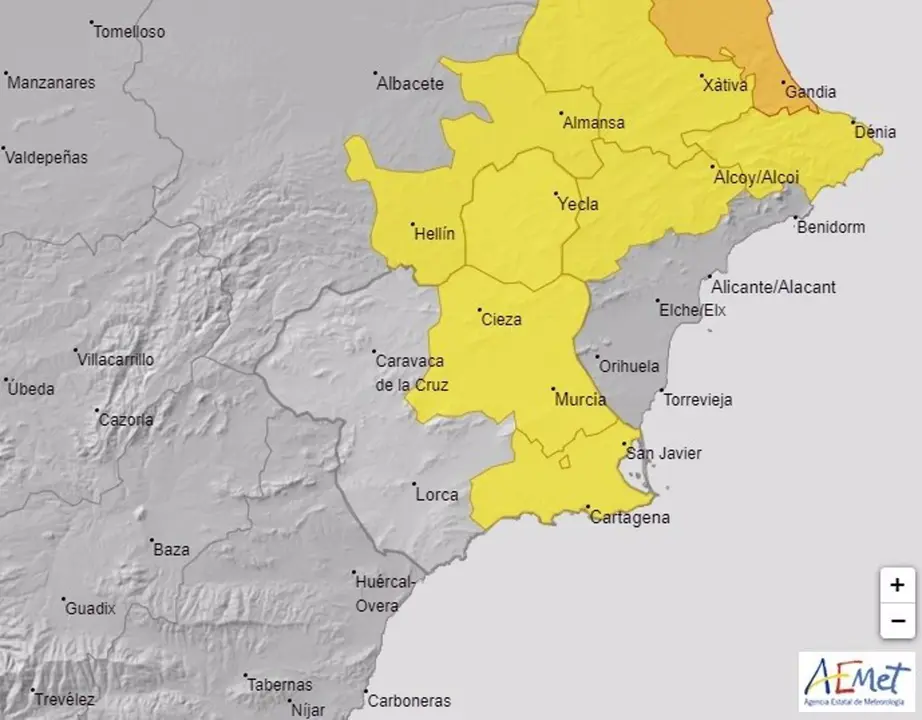 El Altiplano, la Vega del Segura y el Campo de Cartagena est&aacute;n este mi&eacute;rcoles en alerta amarilla por lluvias y tormentas (foto: AEMET)