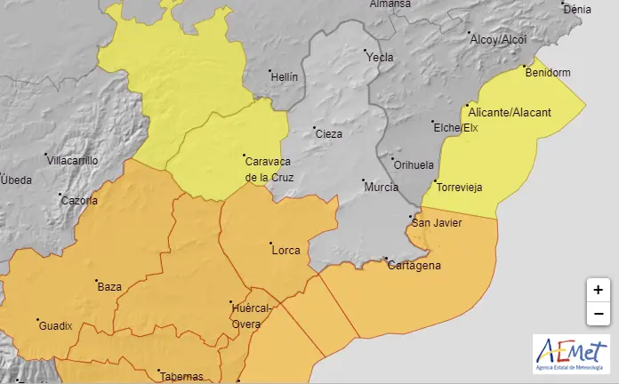 Avisos actualizados para este lunes en la Regi&oacute;n (foto: AEMET)