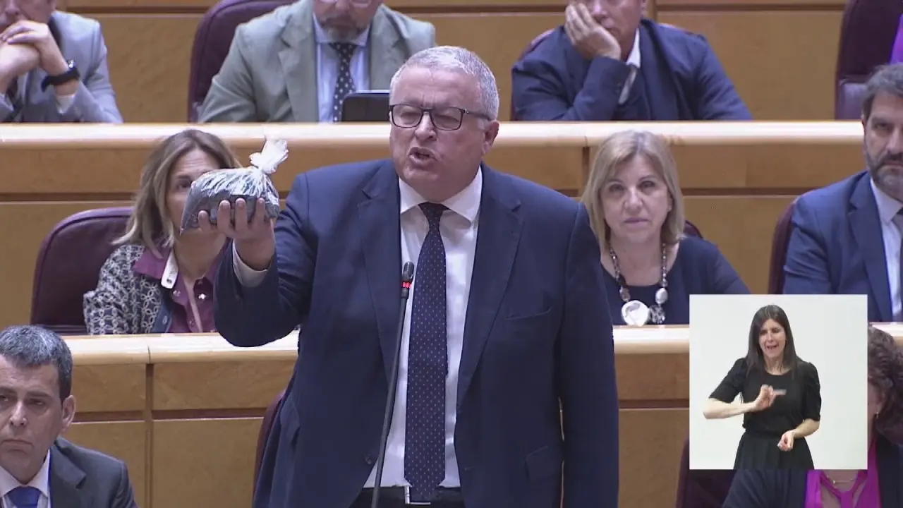 Bernab&eacute; en su esca&ntilde;o en el Senado con un saco de arena t&oacute;xica de Portm&aacute;n