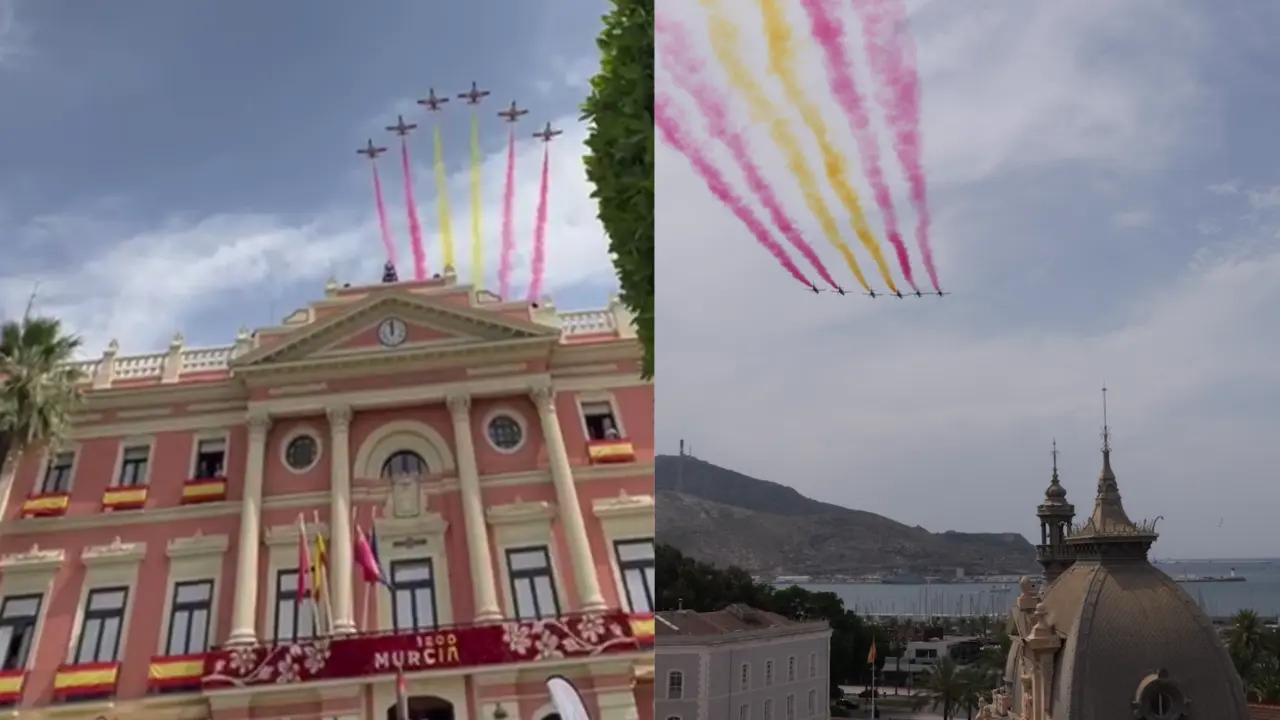 La Patrulla &Aacute;guila llena de acrobacias el cielo de Murcia y Cartagena antes del festival a&eacute;reo de San Javier