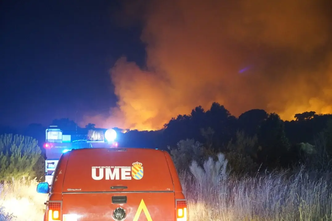 Efectivos de la Unidad Militar de Emergencia trabajan en las labores de extinci&oacute;n del fuego originado en la localidad toledana de M&eacute;ntrida (foto: EP)