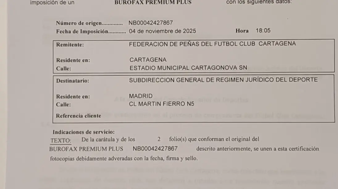 Burofax enviado por la Federaci&oacute;n de Pe&ntilde;as del FC Cartagena al Consejo Superior de Deportes (CSD) este martes 4 de noviembre de 2025 (foto: Federaci&oacute;n de Pe&ntilde;as del FC Cartagena)