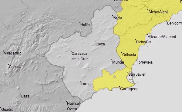 Aviso amarillo en el Campo de Cartagena para este martes 16 de diciembre (foto: Aemet)