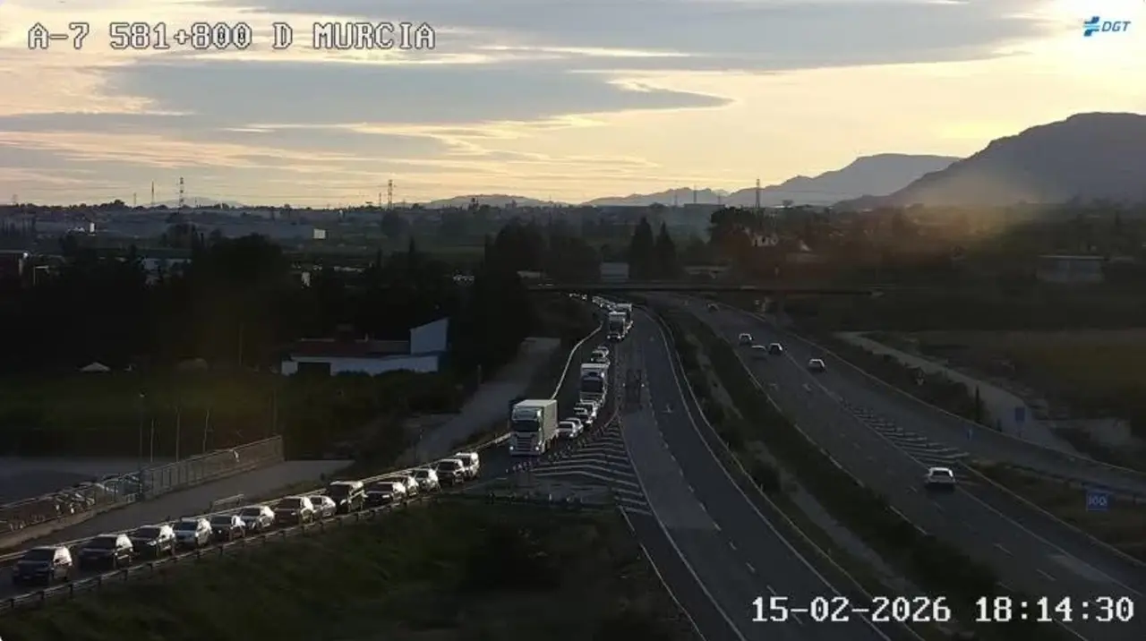 La autov&iacute;a A-7 est&aacute; registrado retenciones, en el punto kilom&eacute;trico 585, a la altura de la Ermita de Bel&eacute;n (foto: DGT)