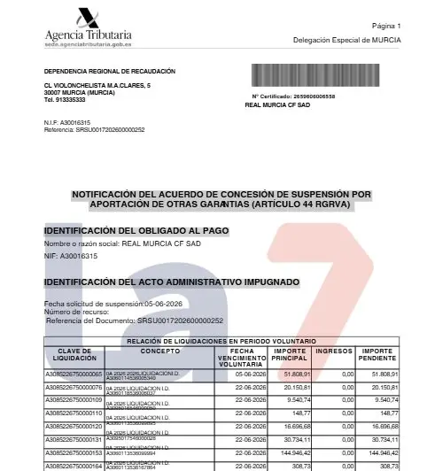 El Real Murcia recibe la suspensi&oacute;n de la deuda con la Agencia Tributaria