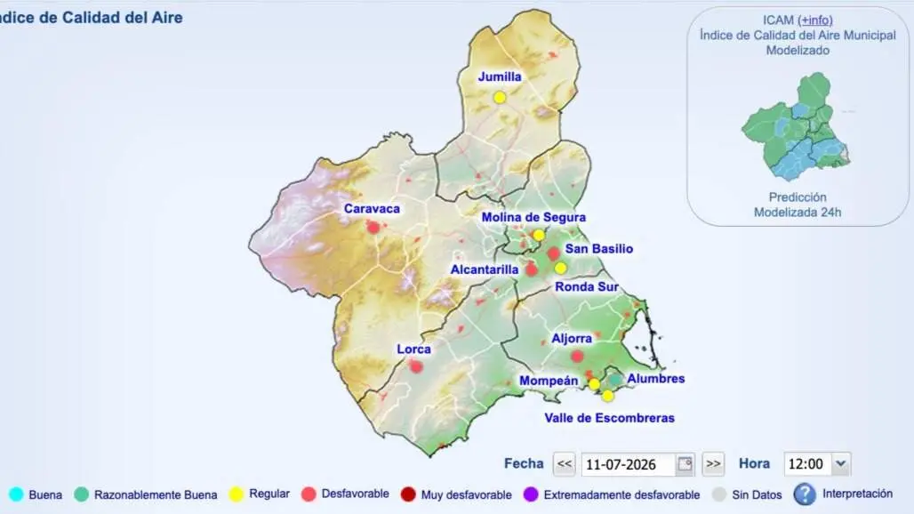 Datos de calidad del aire en la Regi&oacute;n de Murcia, registrado por los medidores de Gobierno regional (foto: Direcci&oacute;n General de Medio Ambiente)