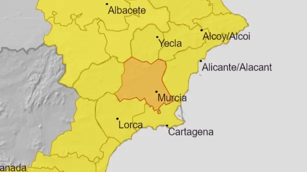 La Regi&oacute;n de Murcia, en alerta amarilla por lluvias y tormentas este martes (foto: AEMET)