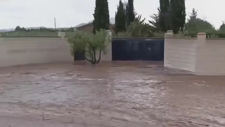 La carretera que une Yecla con Almansa se convirti&oacute; en la tarde de este lunes en un r&iacute;o de agua y barro (foto: La 7)