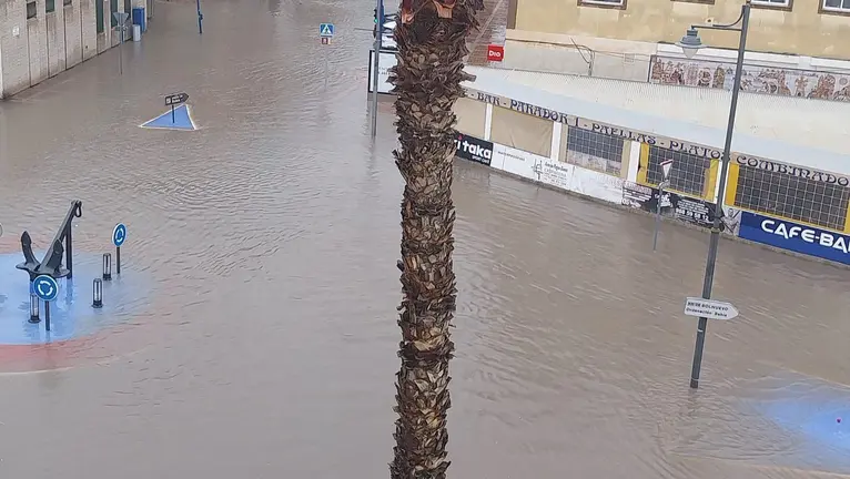 Imagen de una de las rotondas del municipio de Mazarr&oacute;n totalmente inundada (foto: @Vicente_Capape en X)
