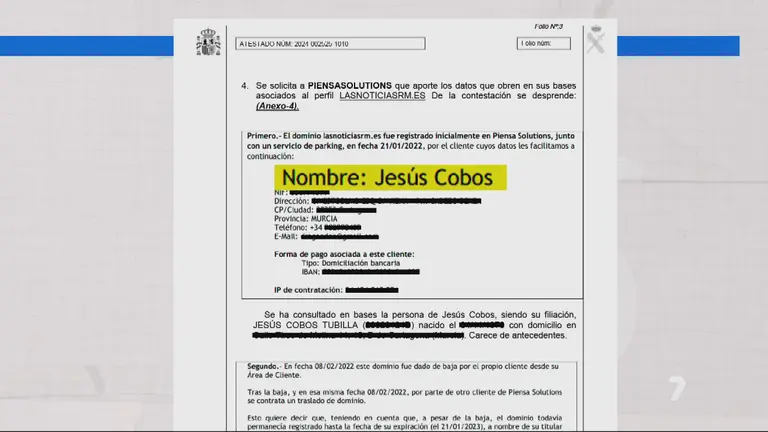 La Guardia Civil confirma que el portal que atacaba a L&oacute;pez Miras fue creado por Jes&uacute;s Cobos, exsecretario de Comunicaci&oacute;n del PSOE en Cartagena (foto: La 7)