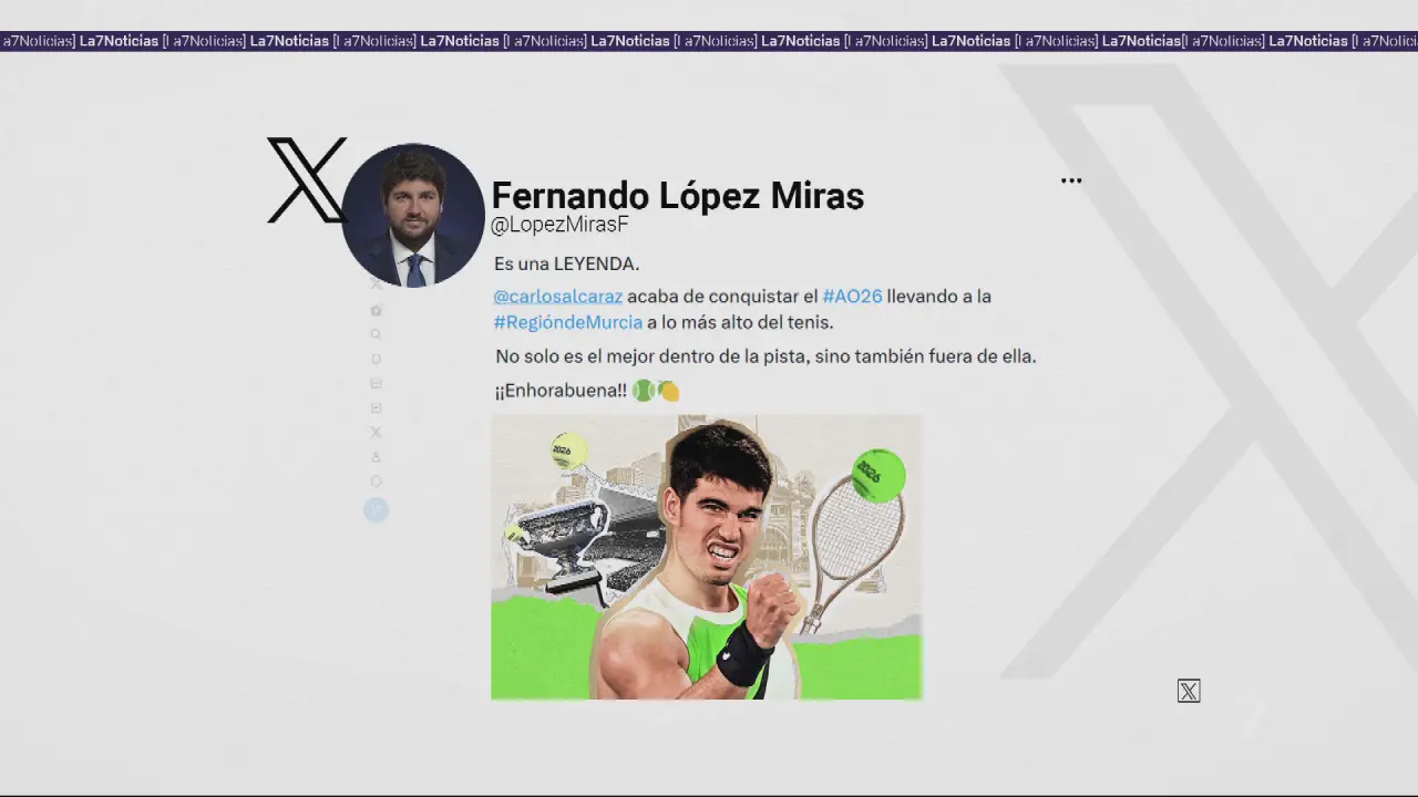 Felicitaci&oacute;n de Fernando L&oacute;pez Miras, presidente de la Regi&oacute;n, a Carlos Alcaraz tras ganar el Open de Australia (foto: La 7)