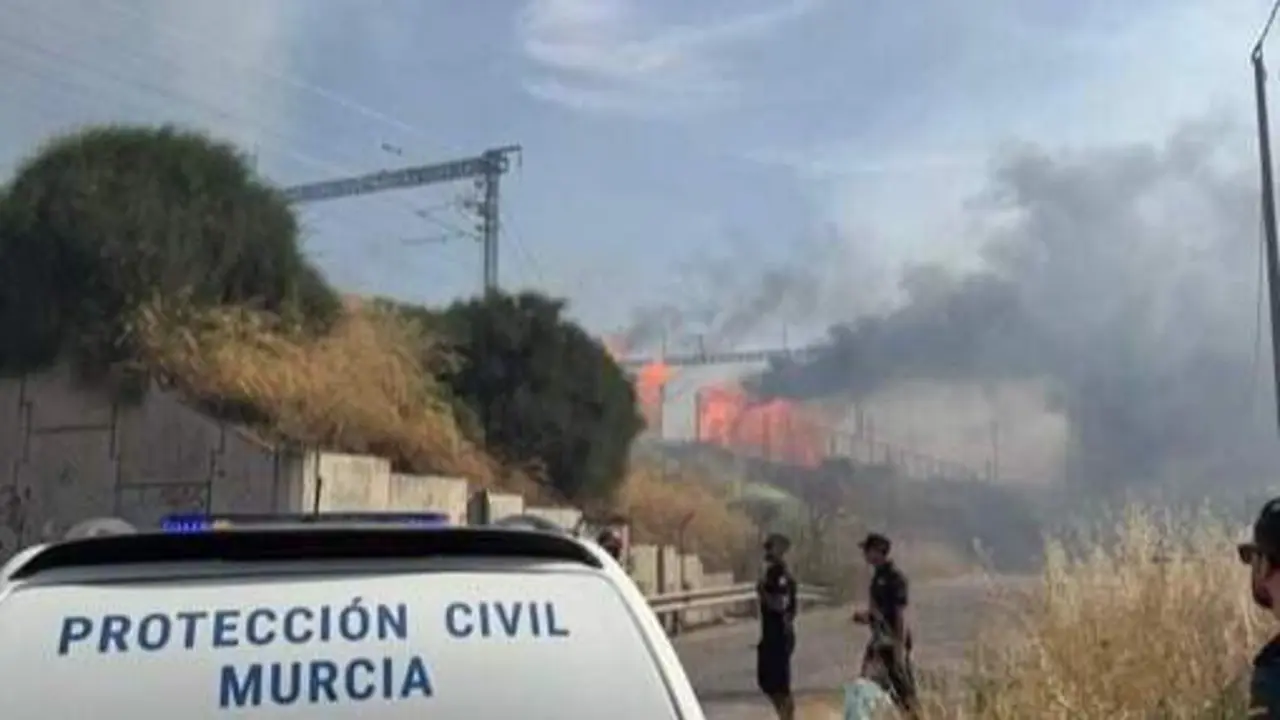 Un incendio de matorral junto a la v&iacute;a del AVE en Beniaj&aacute;n afecta a equipamiento ferroviario (foto: Protecci&oacute;n Civil de Murcia)