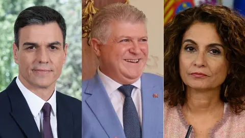 De izq. a der., Pedro S&aacute;nchez, presidente del Gobierno, Jos&eacute; V&eacute;lez, delegado del Gobierno en la Regi&oacute;n y Mar&iacute;a Jes&uacute;s Montero, ministra de Hacienda