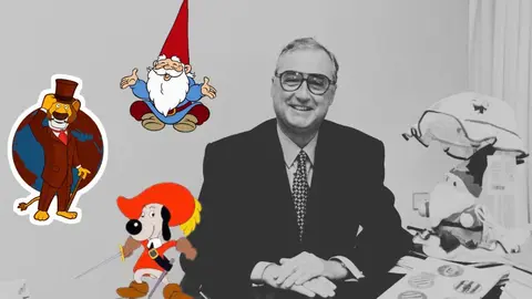 Fotomontaje de Claudio Biern Boyd junto a tres de sus m&aacute;s conocidos personajes: David el Gnomo, Willy Fog y D'Artacan