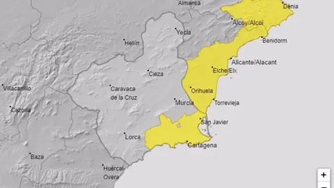 Imagen del mapa del aviso activo en la Regi&oacute;n de Murcia. FOTO: AEMET