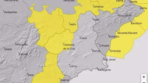 Mapa del aviso amarillo activo en la Regi&oacute;n de Murcia (foto: AEMET)