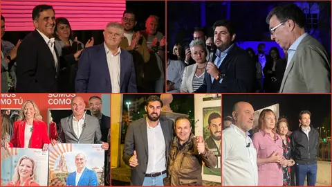 De izq. a der. y de arriba a abajo: Jos&eacute; V&eacute;lez y Jos&eacute; Antonio Serrano; L&oacute;pez Miras y Jos&eacute; Ballesta; Mar&iacute;a Jos&eacute; Ros y Pedro Rex; Antelo y Luis Gestoso; y Mar&iacute;a Mar&iacute;n junto a un cartel de la candidata a la alcald&iacute;a de Murcia. Elvira Medina.