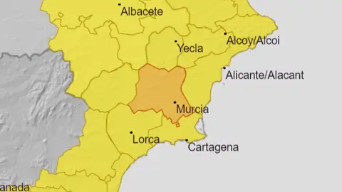 La Regi&oacute;n de Murcia, en alerta amarilla por lluvias y tormentas este martes (foto: AEMET)
